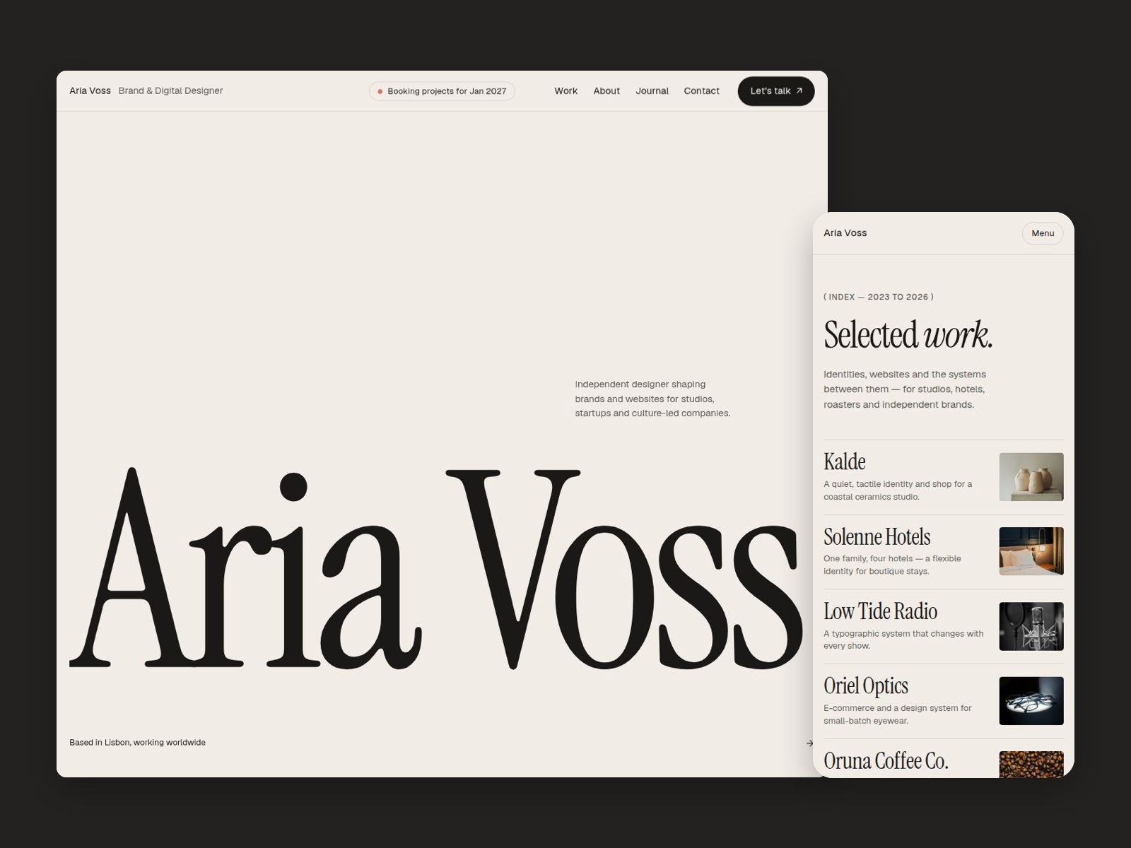 Aria Voss — Free Portfolio Template for Framer preview