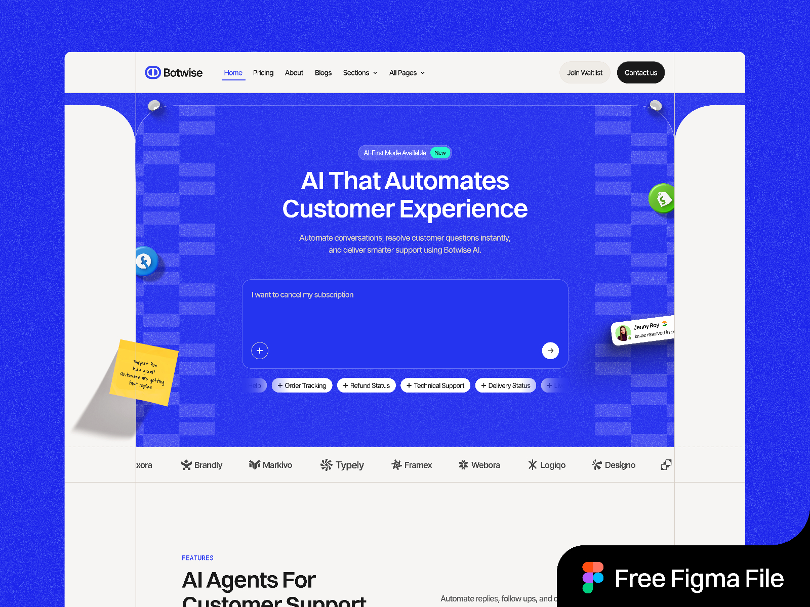 Botwise — Free AI Support & Automation SaaS Framer Template preview