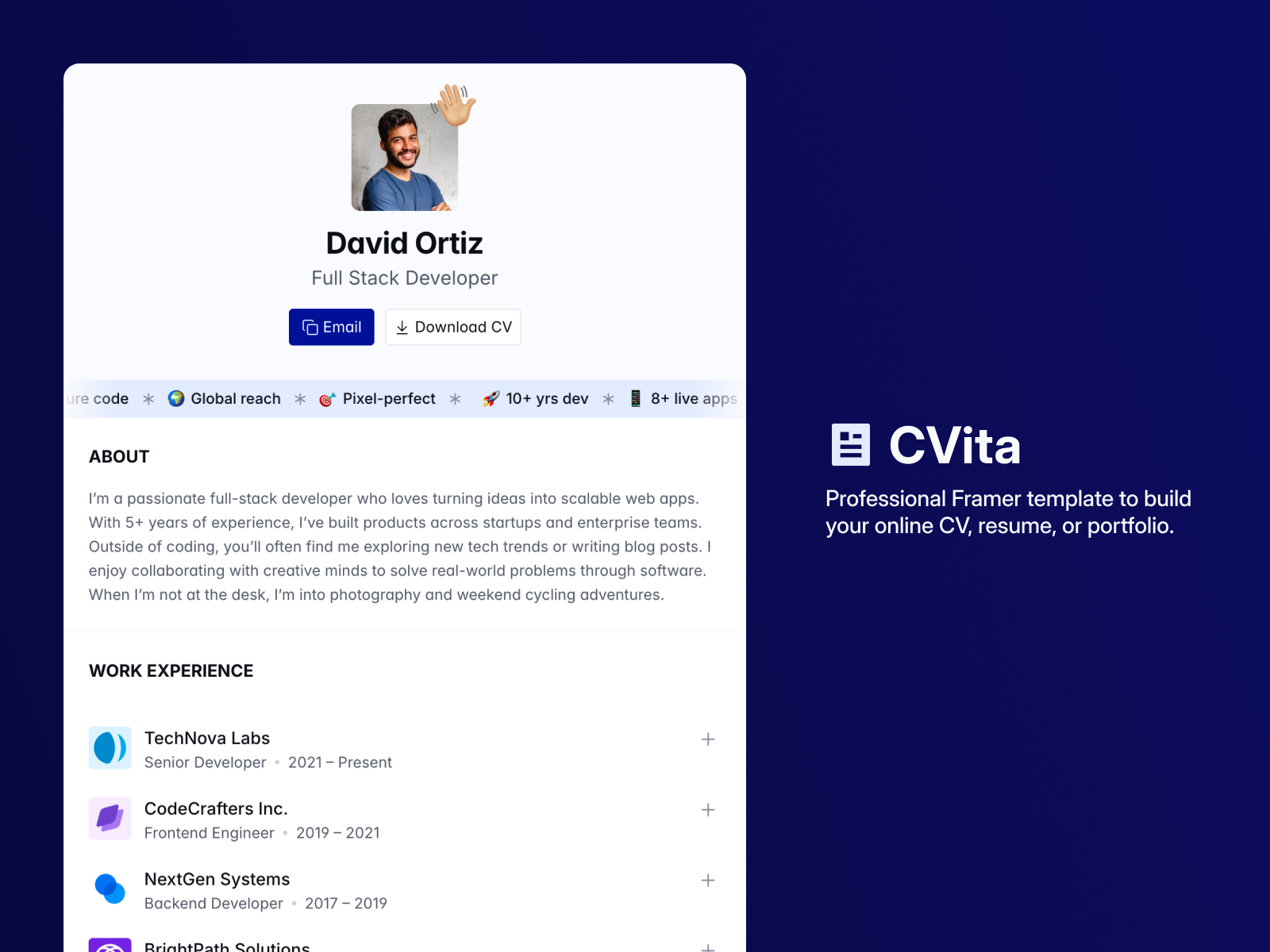 CVita — Free Personal Template for Framer preview