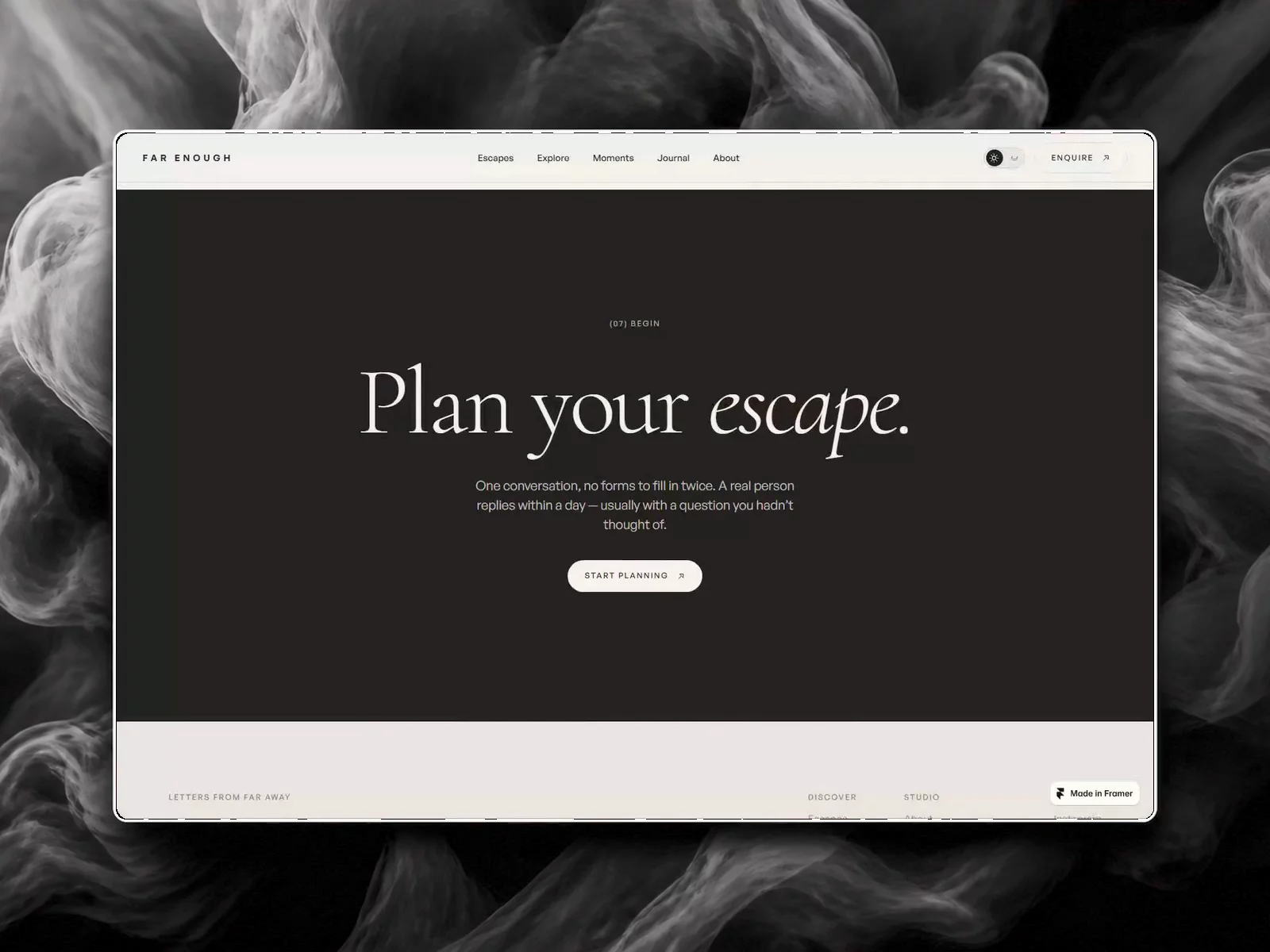 FAR ENOUGH — Free Portfolio Template for Framer preview