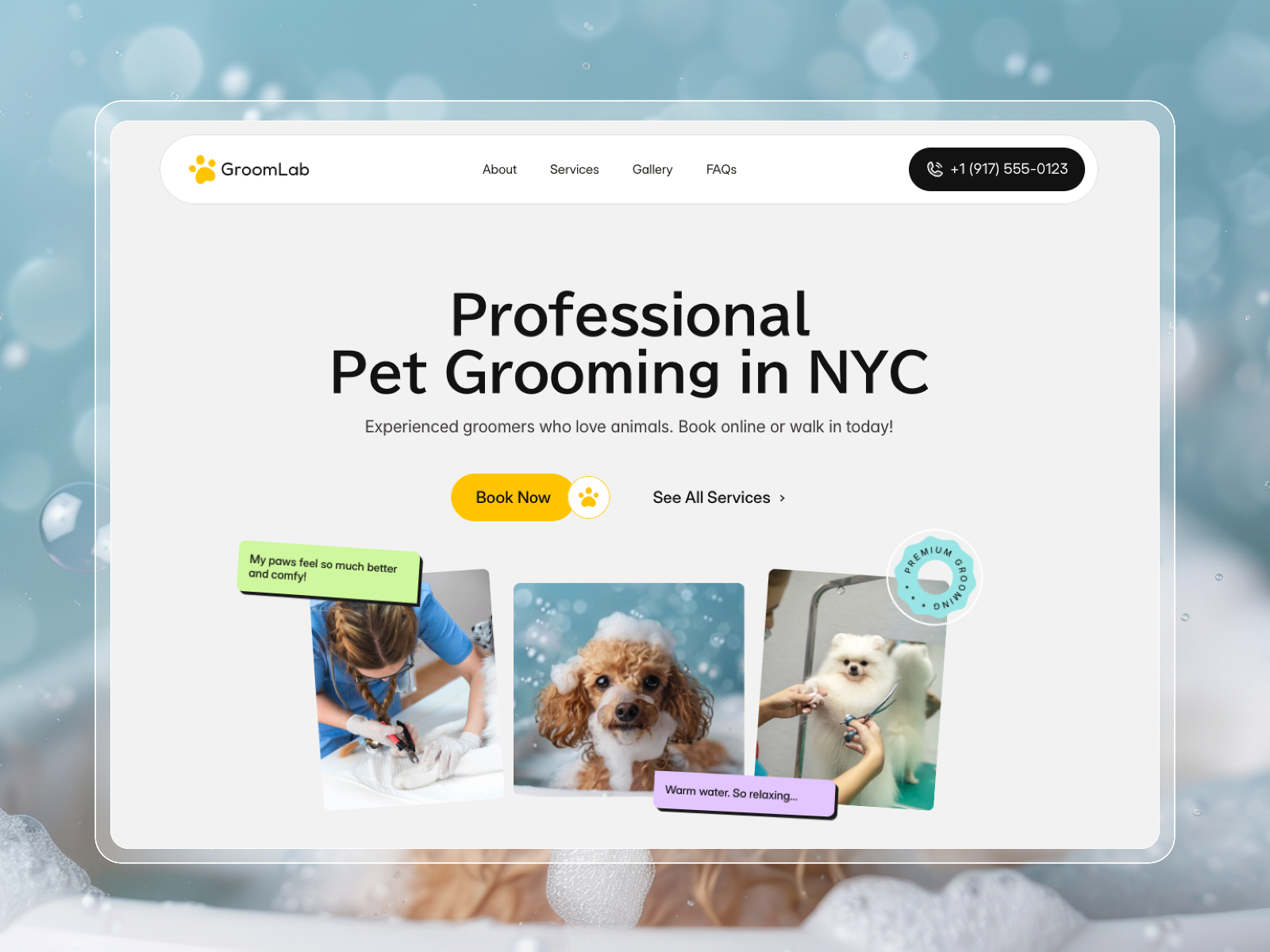 GroomLab — Free Pet Grooming Framer Template preview