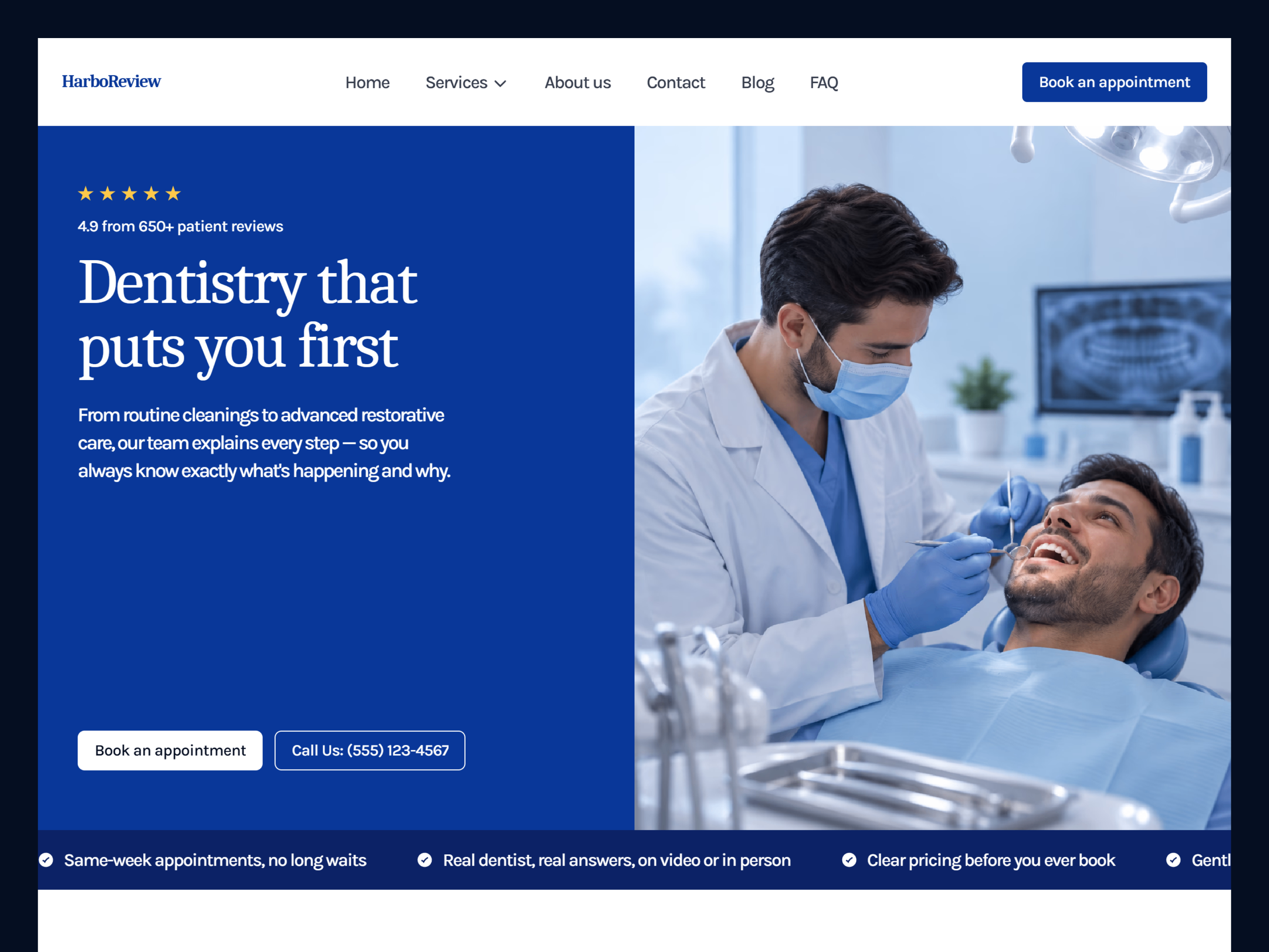 Harboreview Clinic — Free Dental Framer Template preview