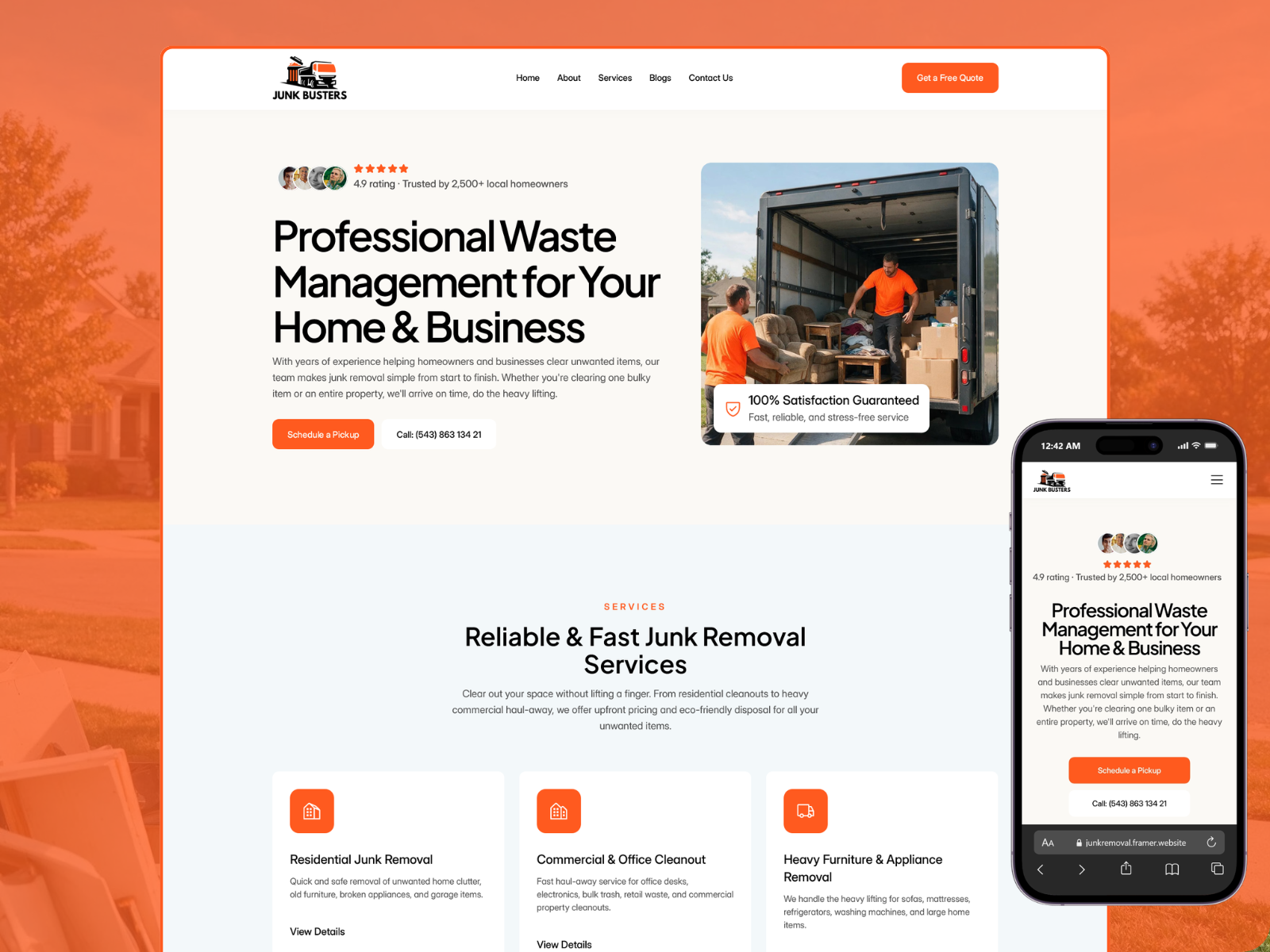 Junk Removal — Free Home Services Template for Framer by Hridoy preview