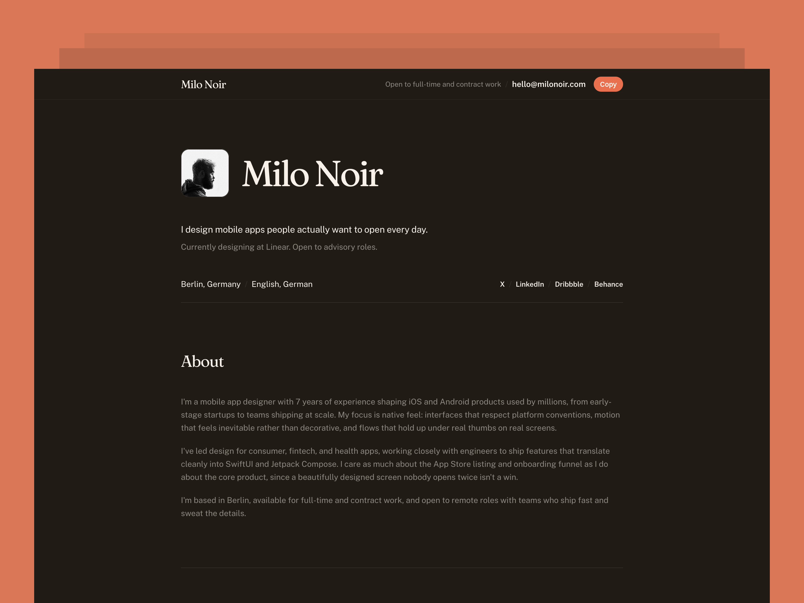 Milo Noir — Free Portfolio Template for Framer preview