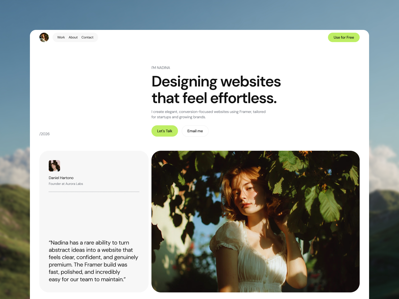 Nadina — Free Creative Portfolio Framer Template preview