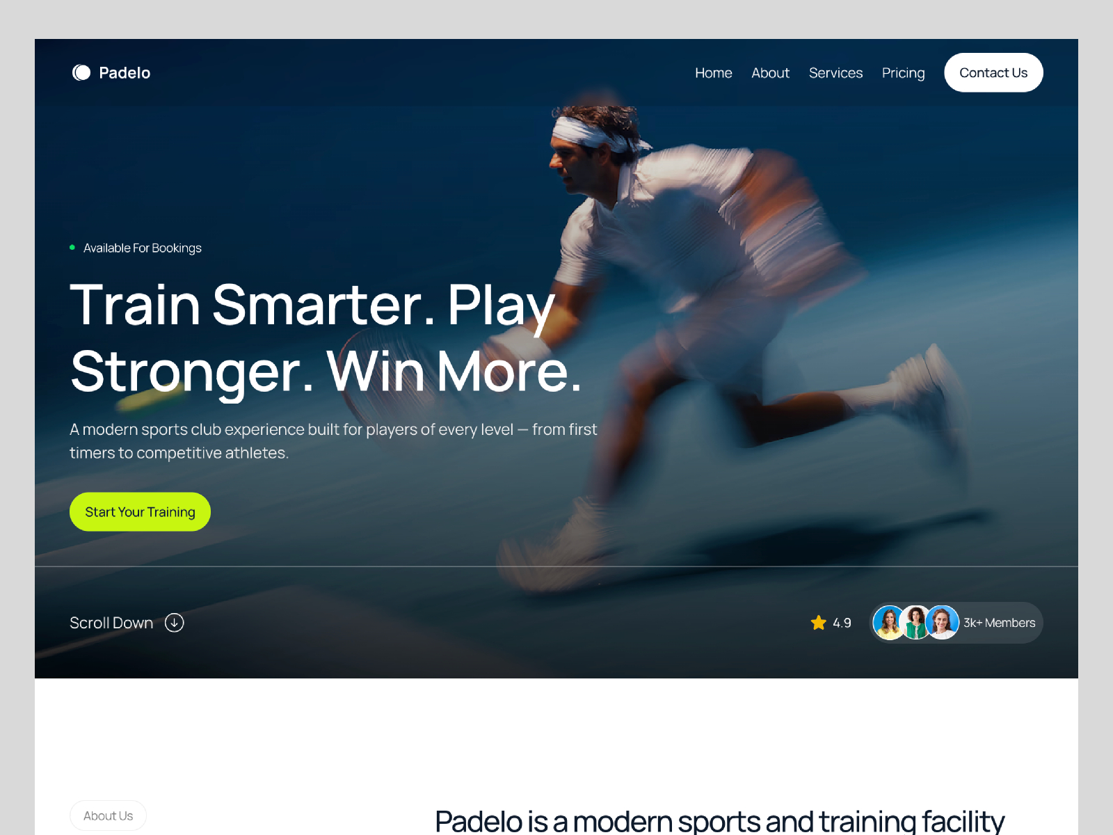 Padelo — Free Sports Club Framer Template preview