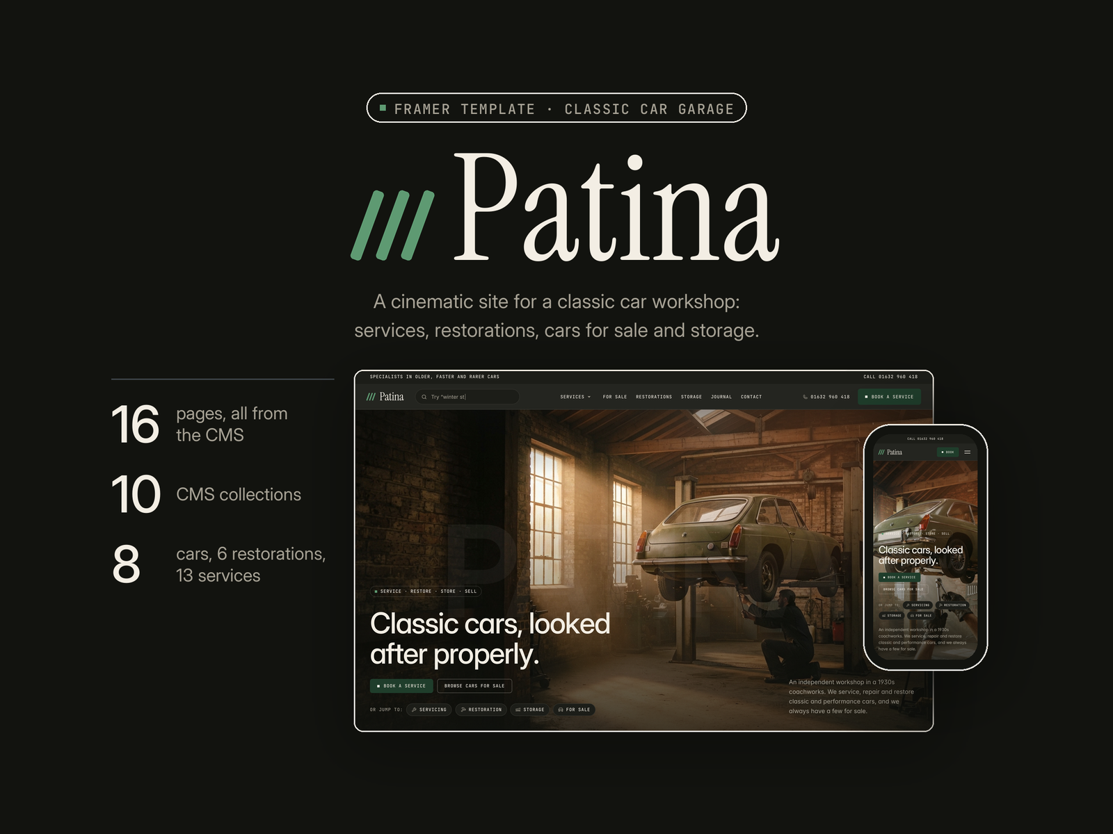 Patina Garage — Free Automotive Template for Framer preview