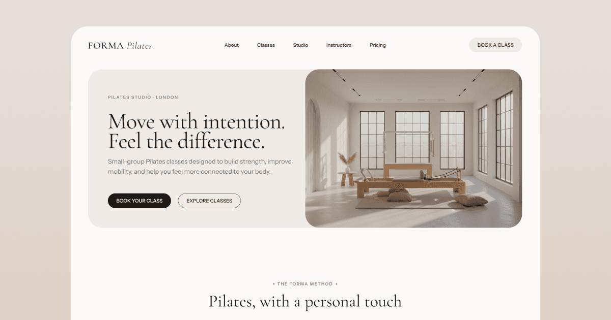 Pilates Studio: Free Health Website Template by Kate Loseva — Free Healthcare Framer Template preview