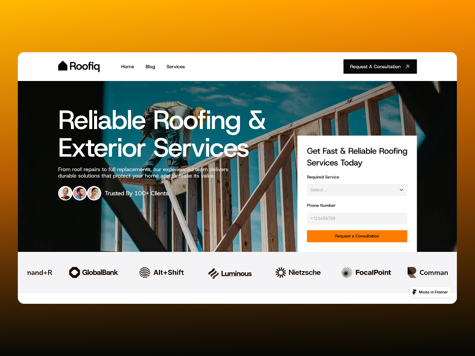 Roofiq — Free Home Services Framer Template preview