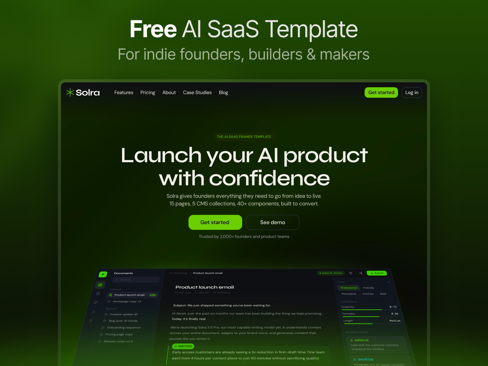 Solra — Free AI SaaS Framer Template preview