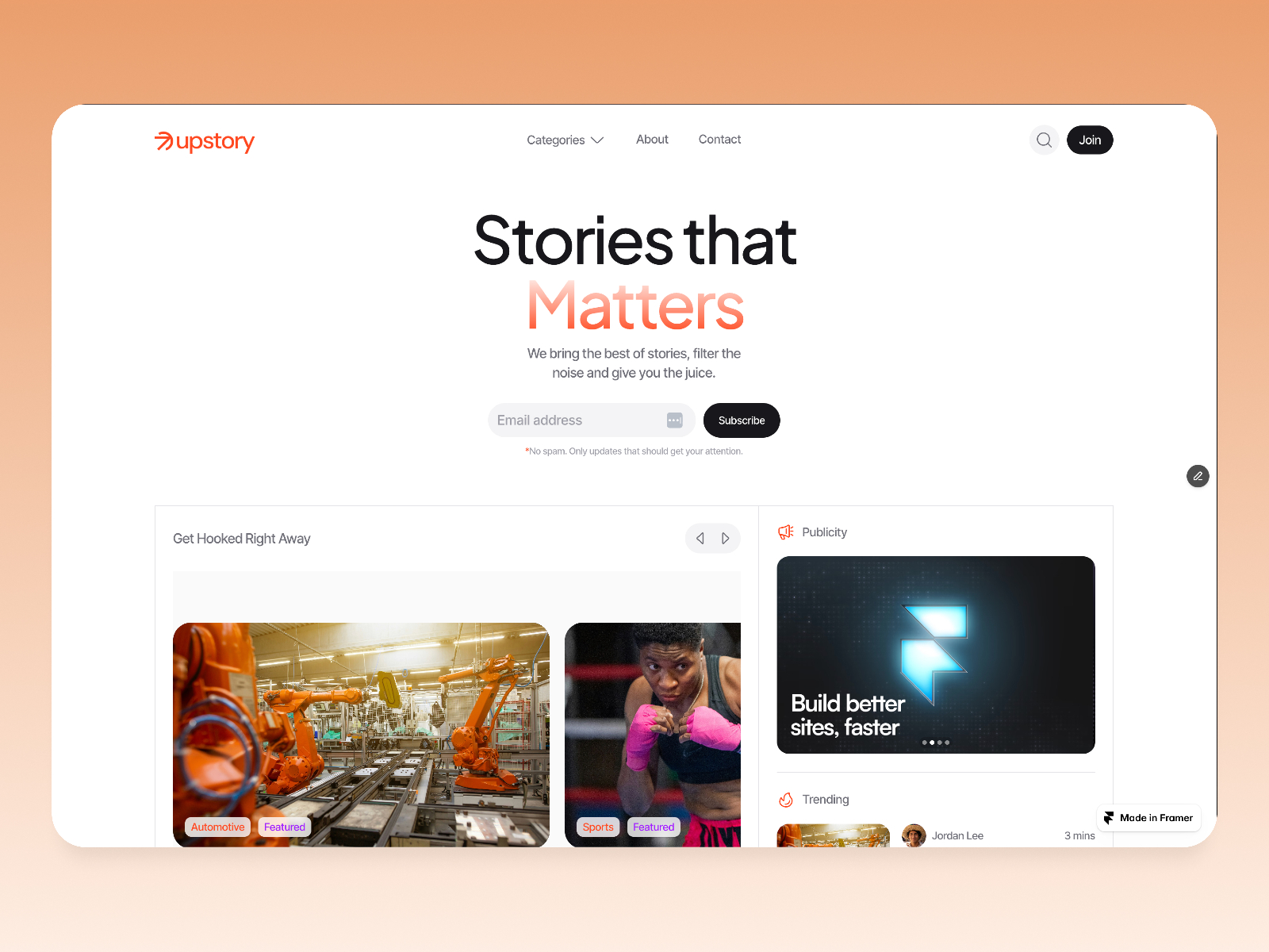 Upstory — Free Content-First Blog Framer Template preview