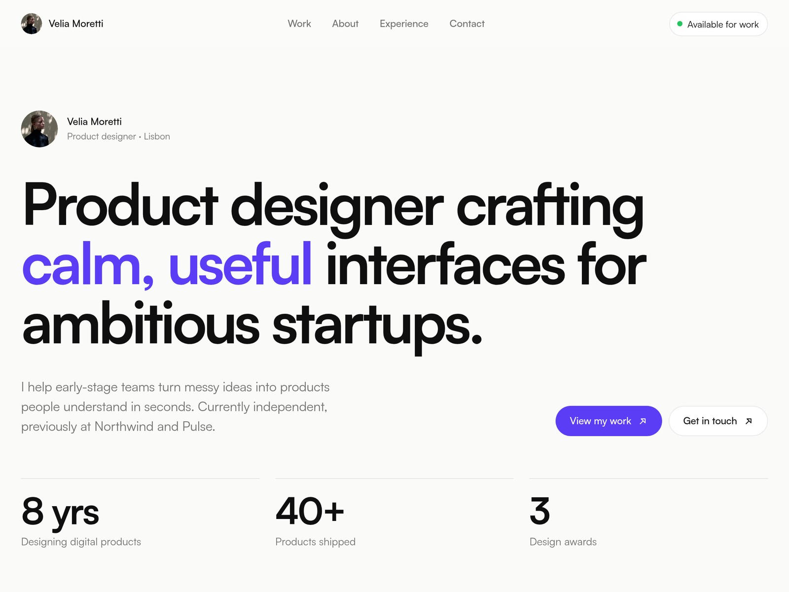 Velia — Free Portfolio Template for Framer preview