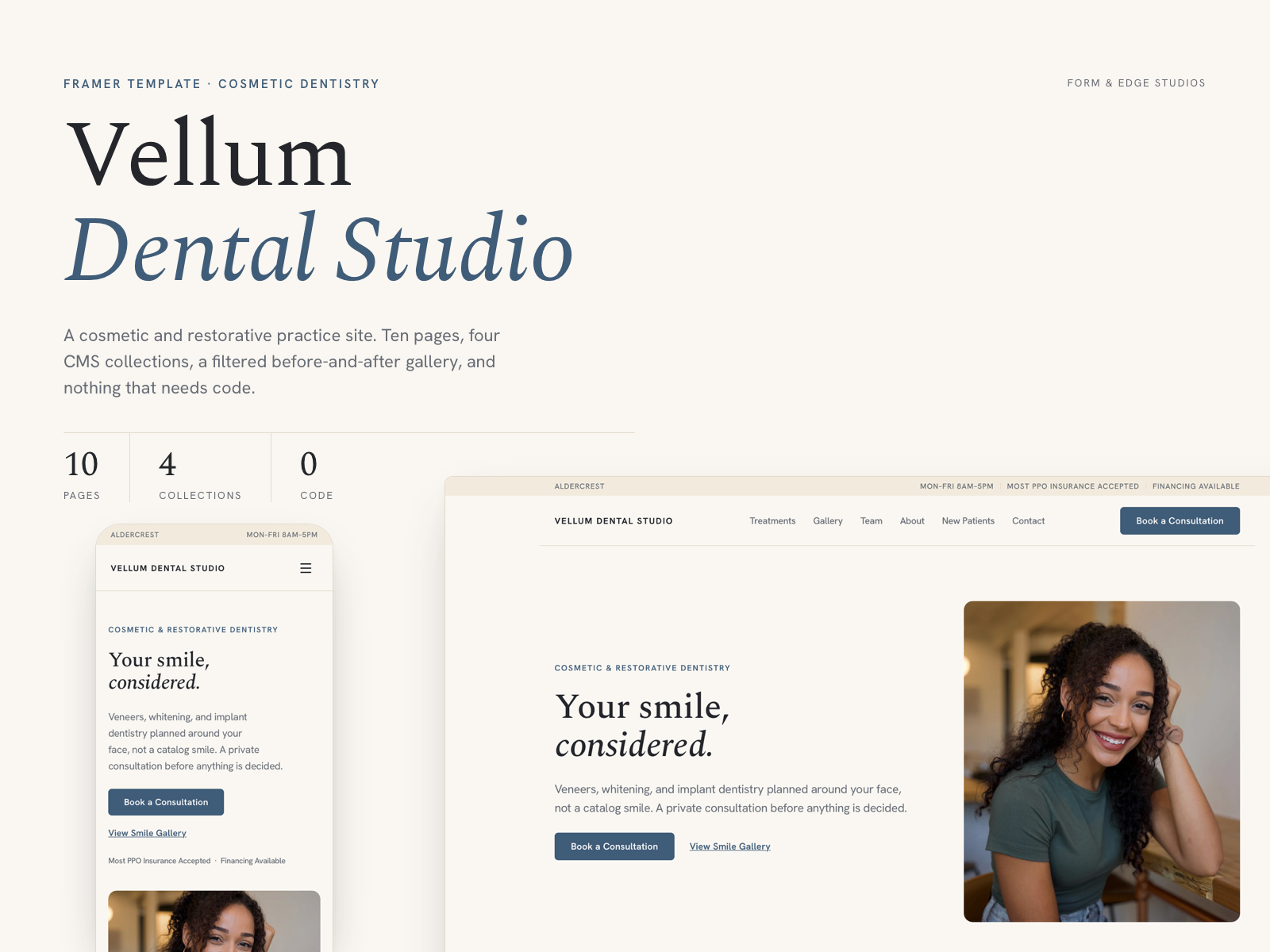 Vellum DS — Free Dental Template for Framer by Form & Edge preview