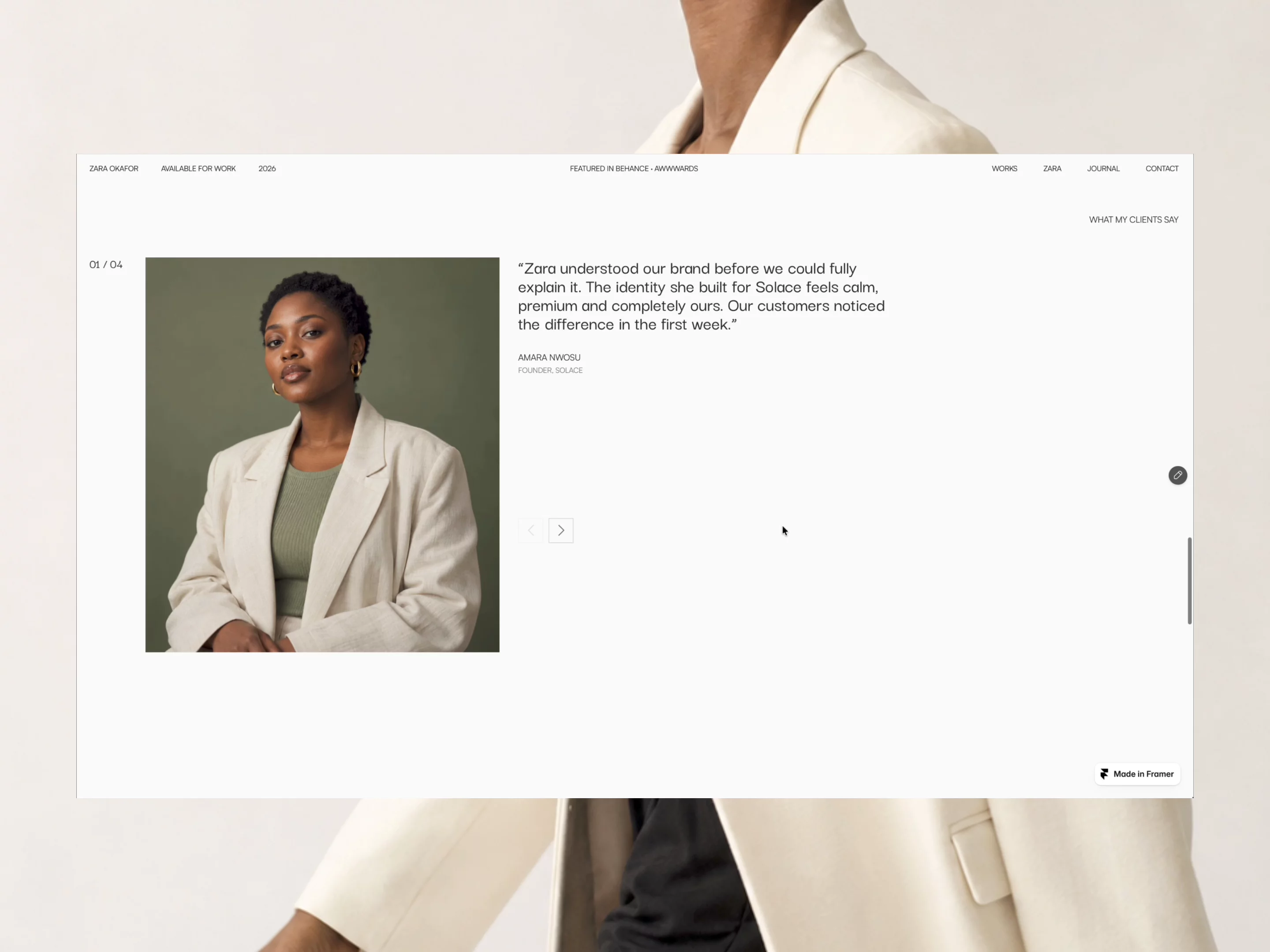 Zara Okafor — Free Portfolio Template for Framer preview